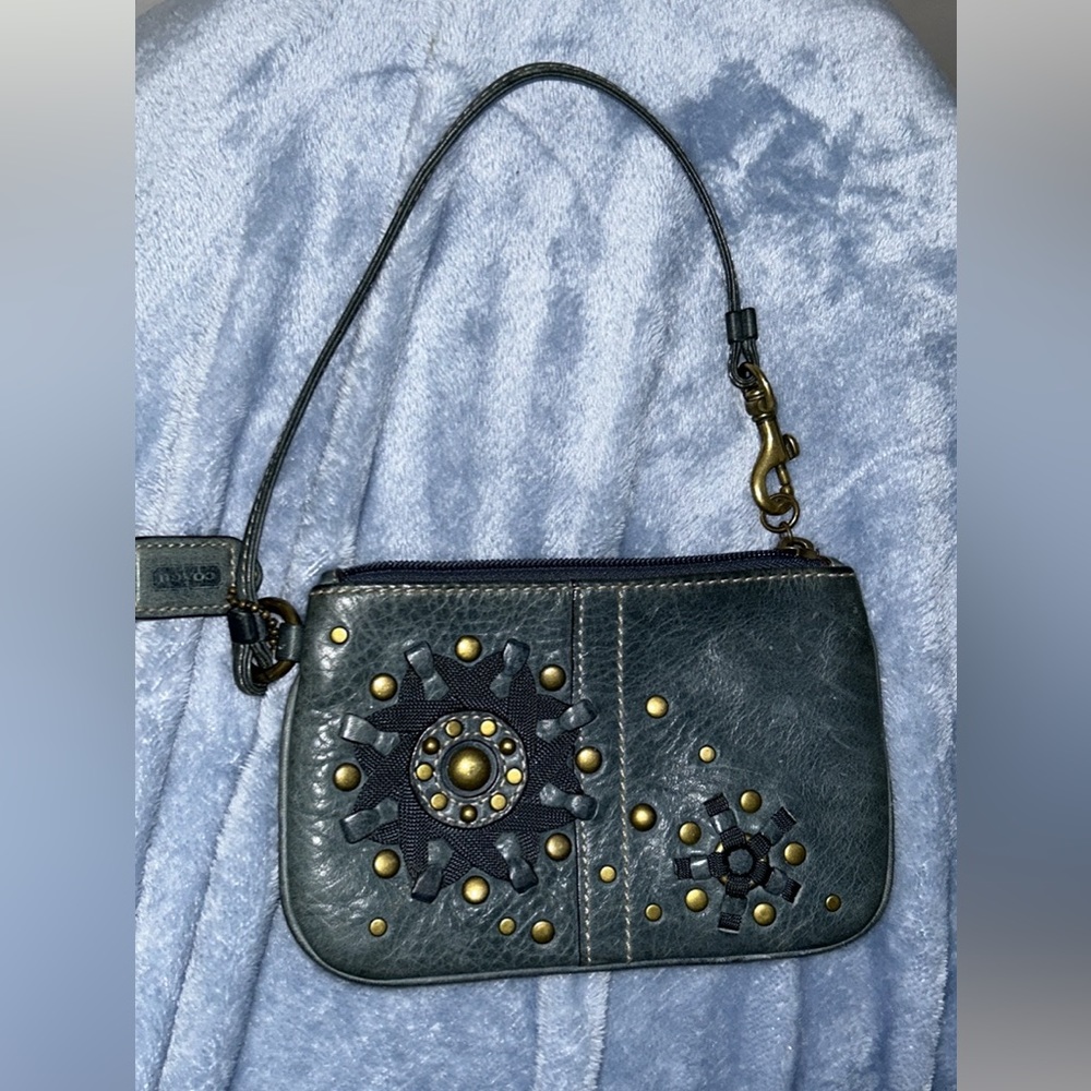 Dark Green Studded Wristlet Pouch - Leather Accent